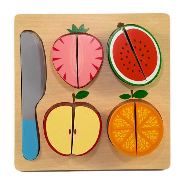 wooden square plate with wooden toy knife, half strawberry with velcro to secure halves, half watermelon, apple and orange. 