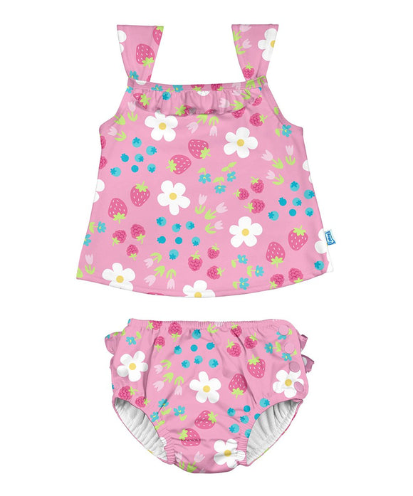 i play. Ruffle Tankini Swimsuit Set with Snap Reusable Absorbent Swim Diaper - Light Pink Daisy Fruit